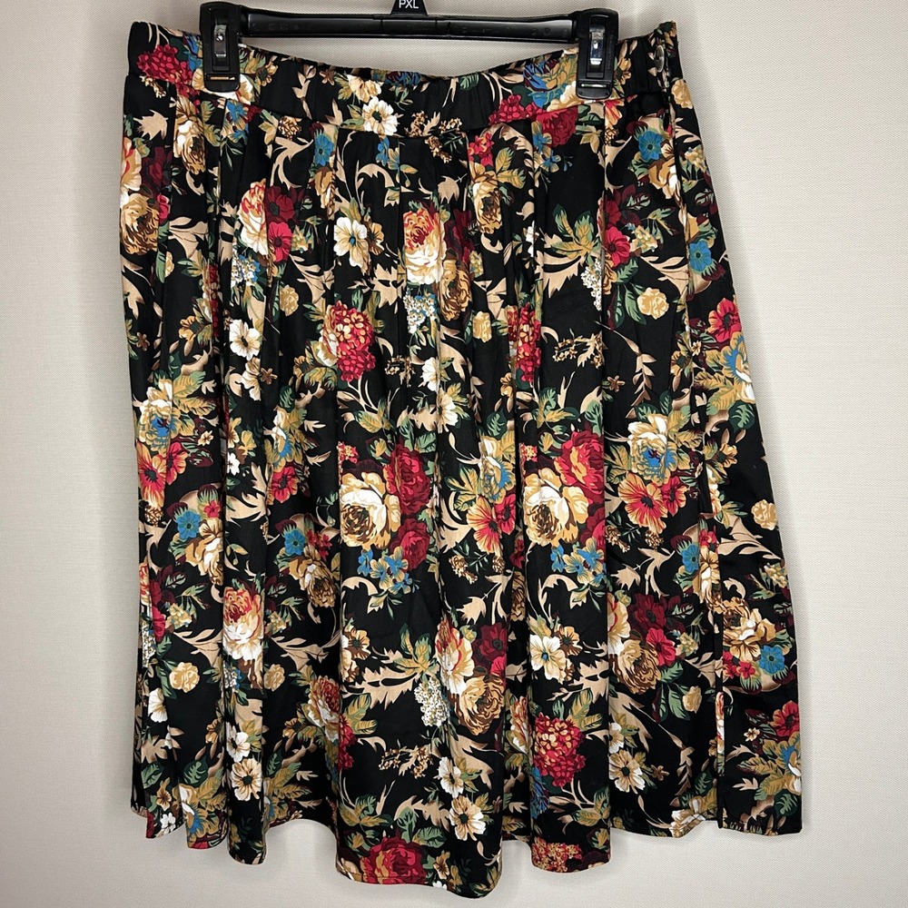 Taydey Fashion Black Colorful Floral Pleated Midi Skirt Women XL NWT Boho Retro